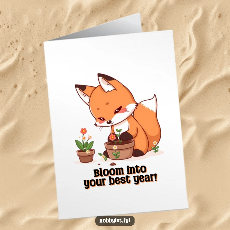 Funny Free Printable Birthday Card: Determined kawaii fox character gently tending to tiny, vibrant blooming flowers in a pot.