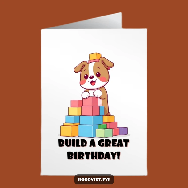 Free Printable Birthday Card: Playful Dog Block Tower Fun, Perfect DIY Downloadable Gift!