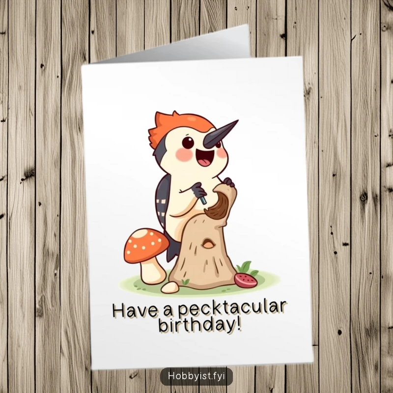 Funny Free Printable Birthday Card: Joyful woodpecker drilling a small hole in a colorful mushroom, busy nature, birthday vibes.