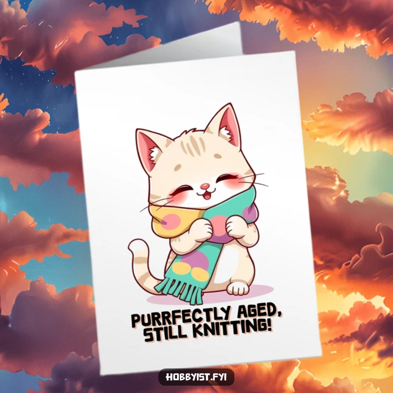 Funny Free Printable Birthday Card: Giggling cat intently knitting a huge, colorful scarf, spreading joy and laughter.