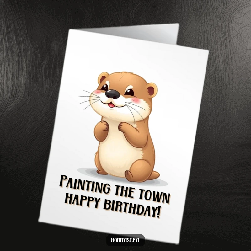 Funny Free Printable Birthday Card: A playful otter happily painting a vibrant, small picture with a brush.
