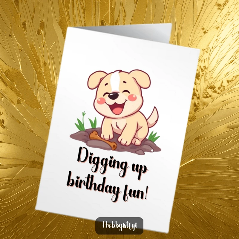 Funny Free Printable Birthday Card: Happy dog energetically digging a hole with a bone nearby, celebrating a birthday with gusto.
