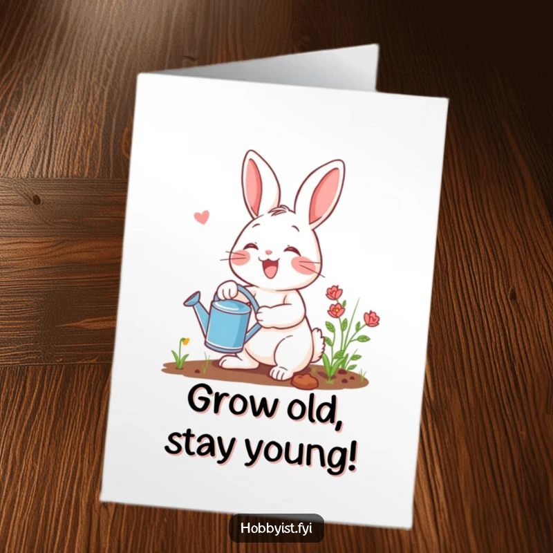 Funny Free Printable Birthday Card featuring a joyful rabbit excitedly gardening with a tiny watering can, spreading birthday cheer.