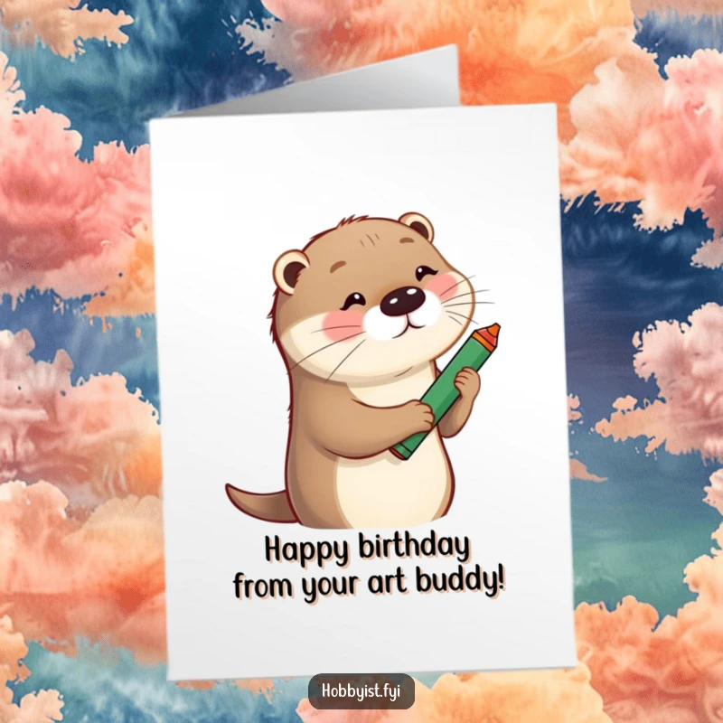 Funny Free Printable Birthday Card: A playful otter drawing a funny portrait with a giant crayon, looking mischievous.