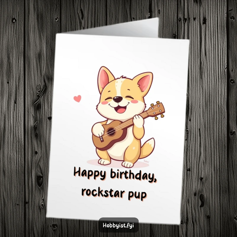 Funny Free Printable Birthday Card: A giggling dog happily strums a tiny ukulele, spreading birthday joy and musical vibes.