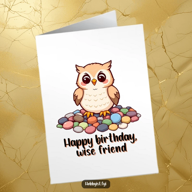 Funny Free Printable Birthday Card: A cheerful owl meticulously arranges colorful pebbles into a mosaic, crafting birthday greetings.