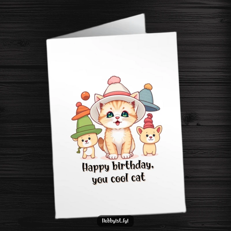 Funny Free Printable Birthday Card: A curious kitten gleefully tries on oversized hats, looking absolutely adorable and stylish.