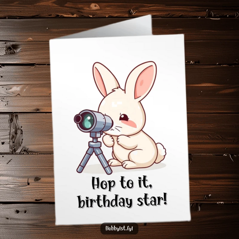 Funny Free Printable Birthday Card: Curious rabbit examining a miniature telescope, looking at stars, birthday exploration.