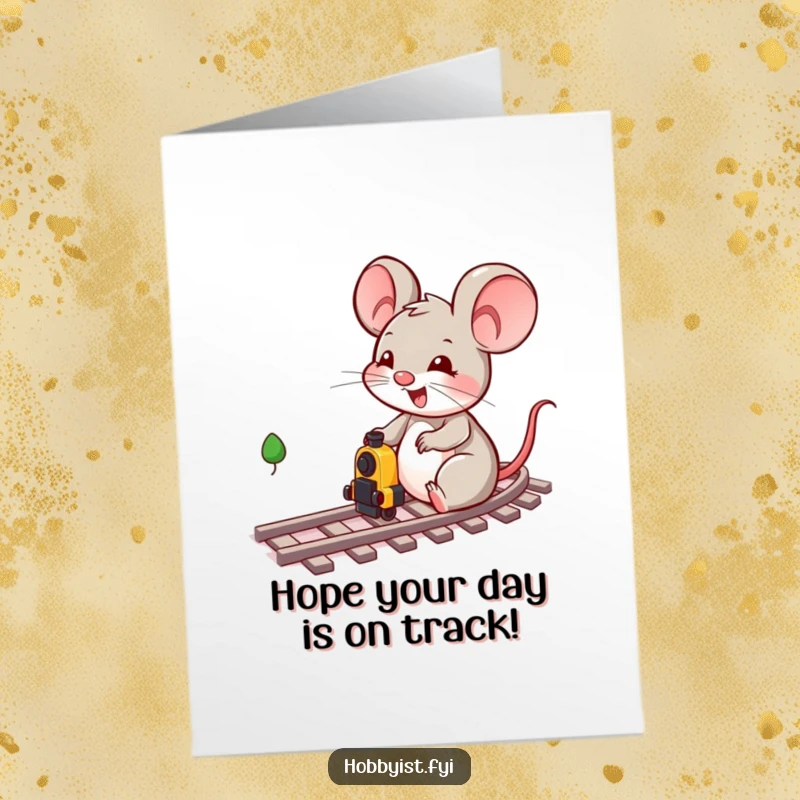 Funny Free Printable Birthday Card: Cheerful mouse conductor happily directing a miniature train on colorful tracks, waving with excitement.