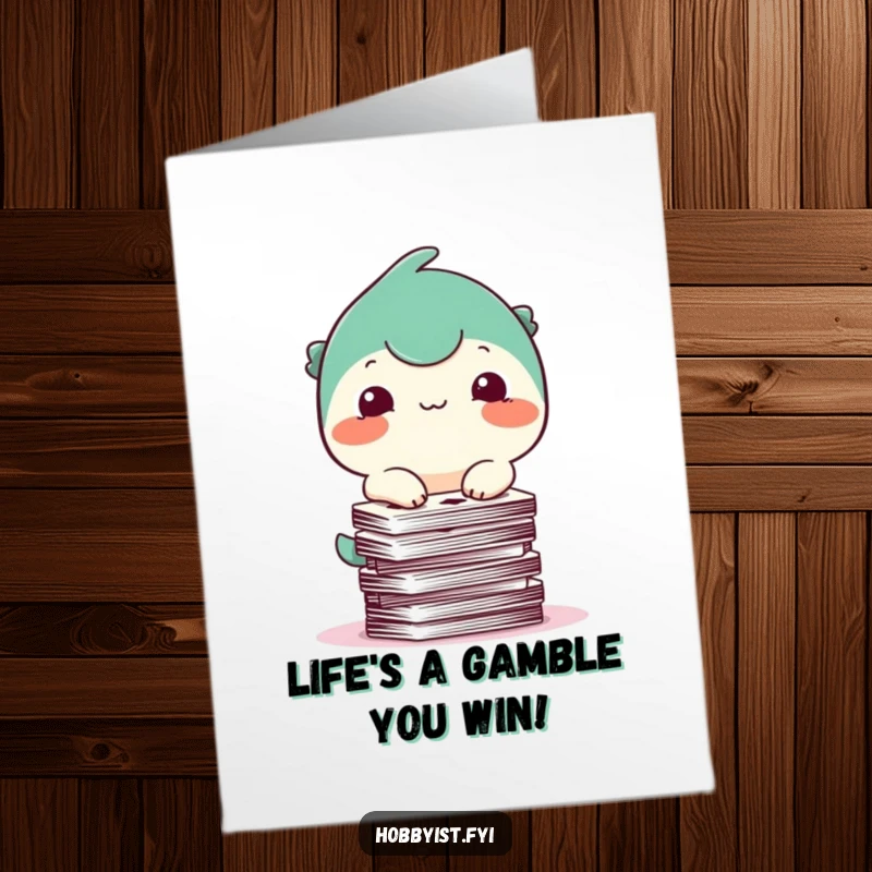 Funny Free Printable Birthday Card: Happy creature struggling to balance a tall, wobbly stack of playing cards with a tiny smile.