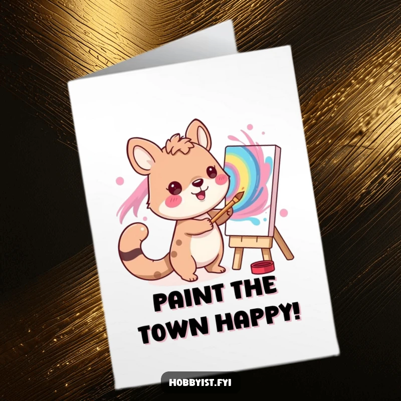 Funny Free Printable Birthday Card: A cheerful animal character happily paints a vibrant, swirling abstract picture with great enthusiasm.