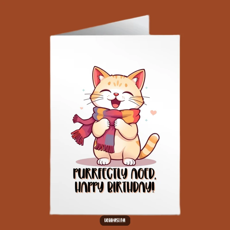 Free Printable Birthday Card: Knitting Cat, Energetic Scarf, Funny Downloadable Gift