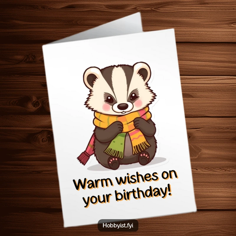 Funny Free Printable Birthday Card: Skilled kawaii badger character expertly knitting a miniature, colorful scarf with a focused, happy expression.