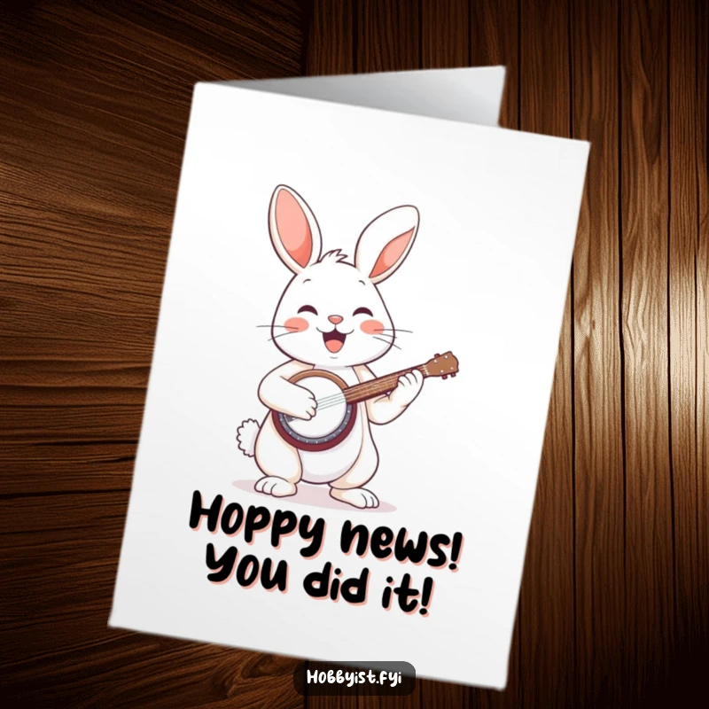 Funny Free Printable Congratulations Card: A delighted bunny enthusiastically playing a miniature banjo, celebrating success with music.