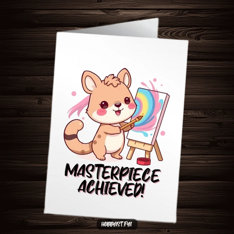 Funny Free Printable Congratulations Card: A happy animal artist enthusiastically paints a colorful, swirling, vibrant masterpiece with joy.