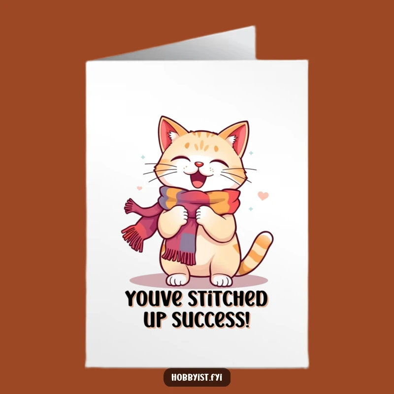 Free Printable Congrats Card: Knitting Cat, Colorful Scarf, Humorous Downloadable Celebration Gift