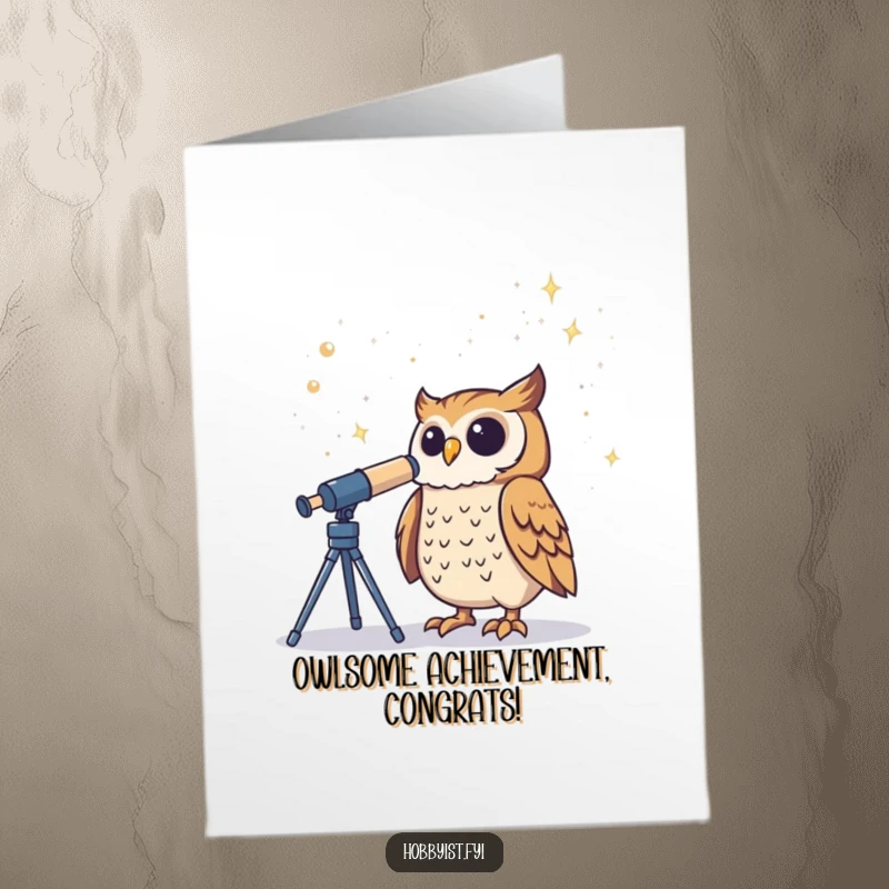 Funny Free Printable Congrats Card: Proud owl observes the starry sky through a telescope, signifying a grand success. Downloadable art.