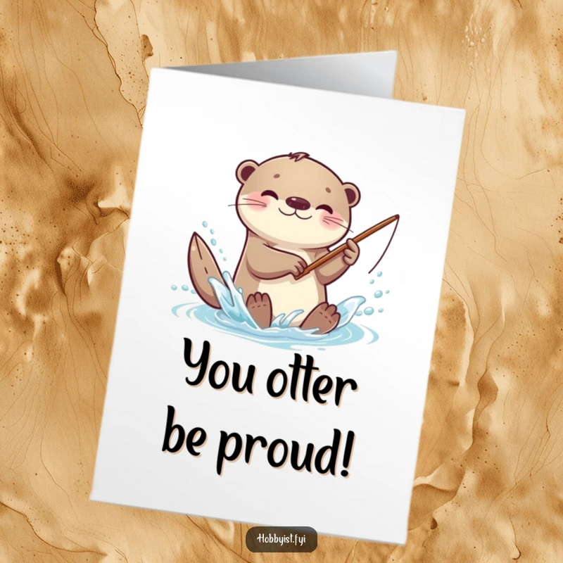 Funny free printable congratulations card with a kawaii otter proudly holding a tiny fishing rod, celebrating a catch.