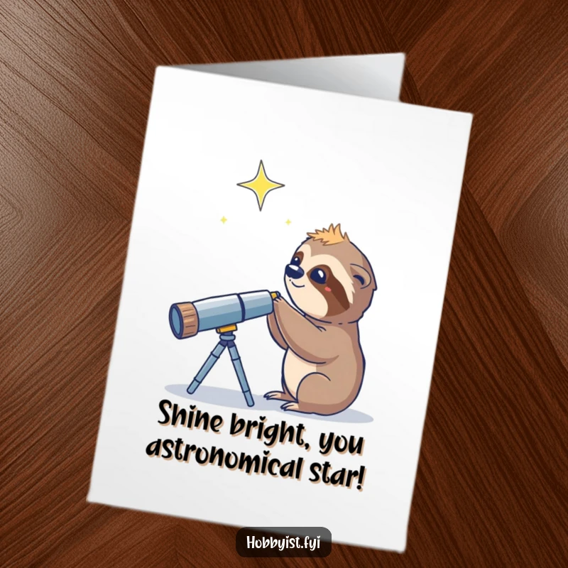 Funny Free Printable Congratulations Card: A curious sloth looks through a telescope at a twinkling star, celebrating success.