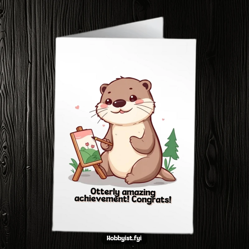 Funny Free Printable Congratulations Card: An otter artist proudly displaying a finished miniature landscape painting, celebrating success.