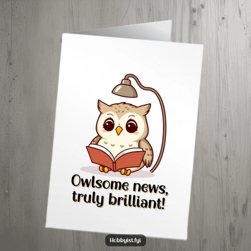 Funny free printable congratulations card showing a studious owl reading a book by lamplight, embodying intellectual charm.