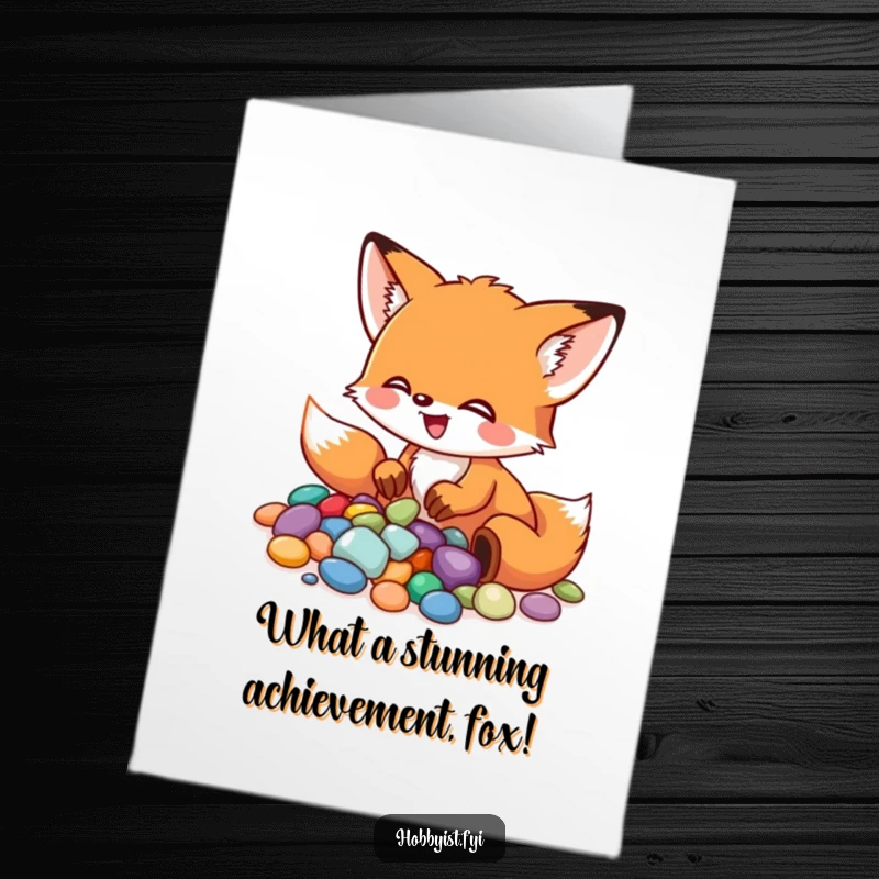 Funny Free Printable Congratulations Card: A little fox meticulously arranging colorful pebbles into an impressive mosaic, signifying a brilliant achievement.