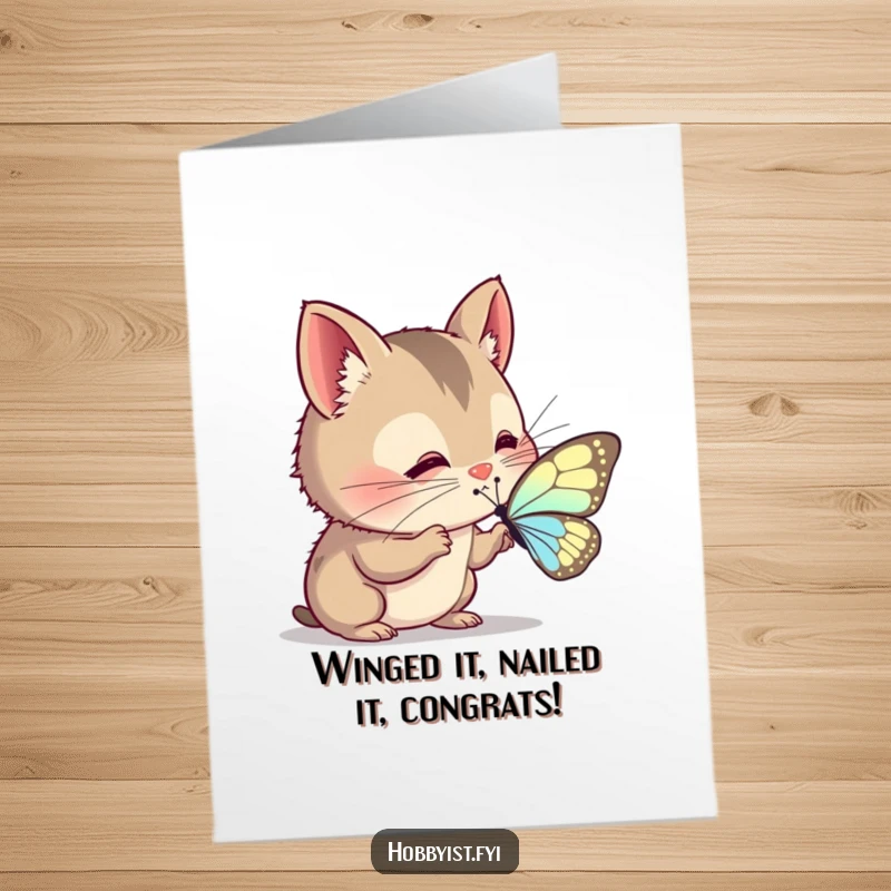 Funny Free Printable Congratulations Card: A curious creature with twitching whiskers intently studies the fragile beauty of a butterfly wing, celebrating discovery.