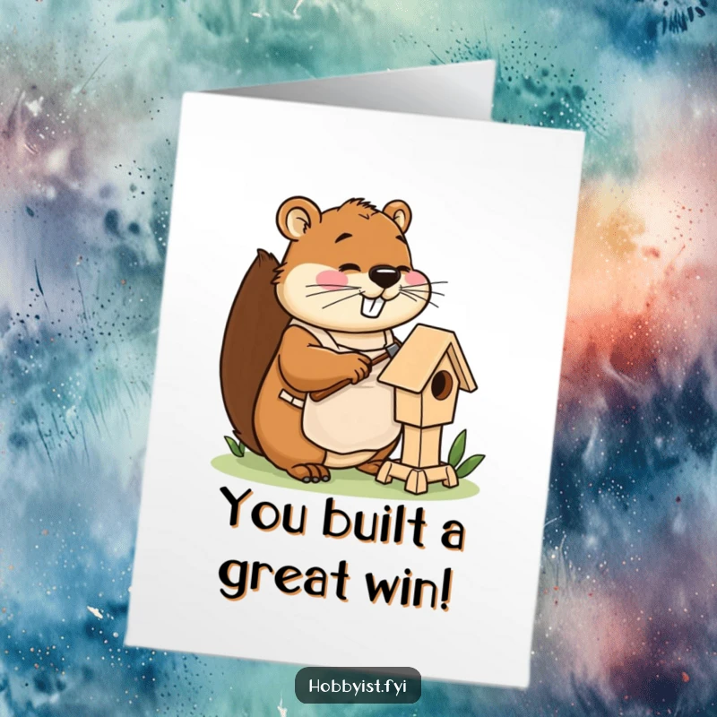 Funny Free Printable Congratulations Card: Busy Beaver with Apron Happily Hammering a Tiny Birdhouse