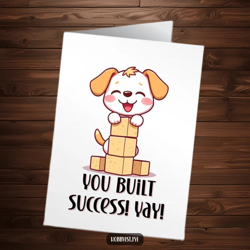 Funny Free Printable Congratulations Card featuring a happy dog balancing precariously on a tall tower of wooden blocks.