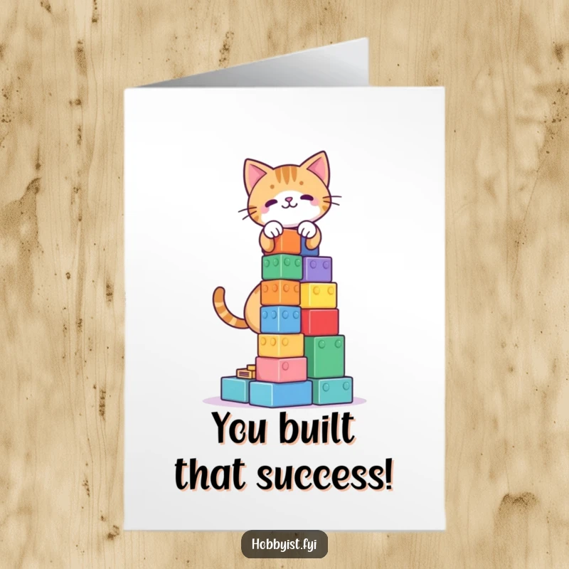 Funny Free Printable Congratulations Card: A focused cat carefully builds an impressively tall tower using various colorful building blocks.