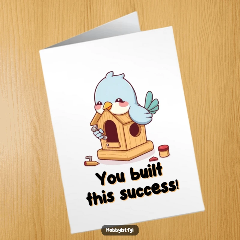 Funny Free Printable Congrats Card: A playful bird enthusiastically builds a miniature birdhouse, celebrating new beginnings.