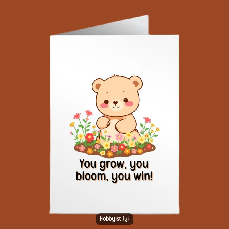 Free Printable Kawaii Bear Congrats Card: Blooming Garden, Funny Downloadable Gift