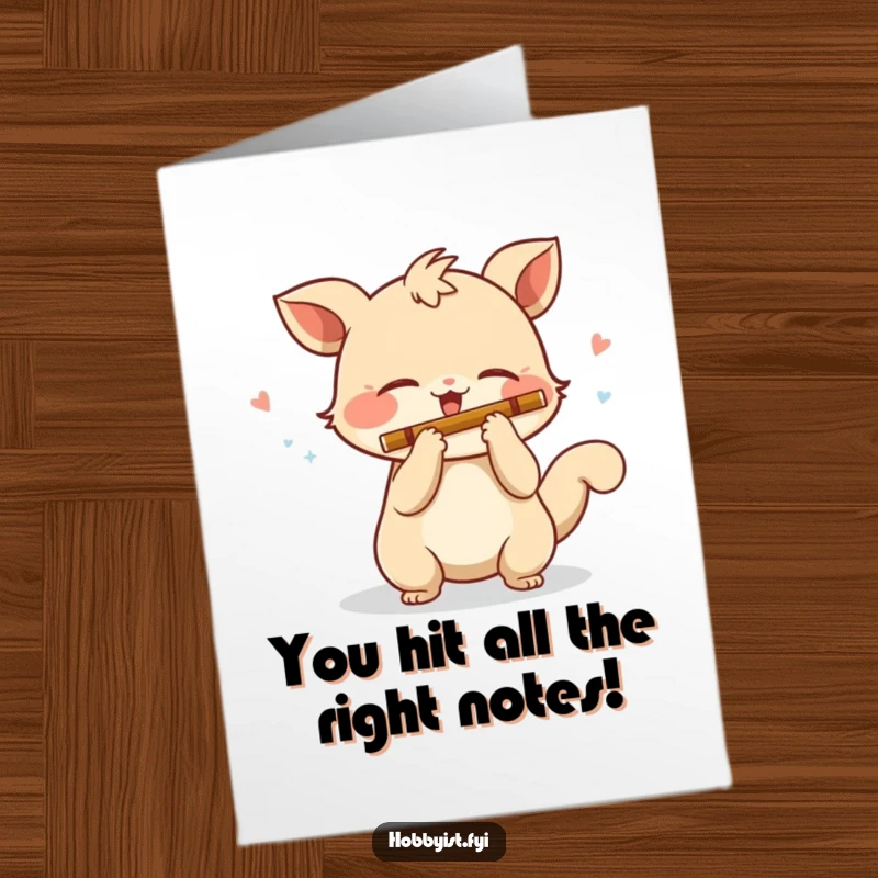 Funny Free Printable Congratulations Card: A creature with a happy wagging tail enthusiastically plays a miniature flute, celebrating a milestone with music.