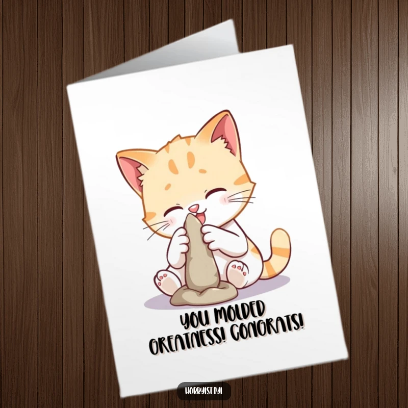 Funny Free Printable Congratulations Card showing a focused cat meticulously sculpting a small, abstract clay figure, celebrating achievement.
