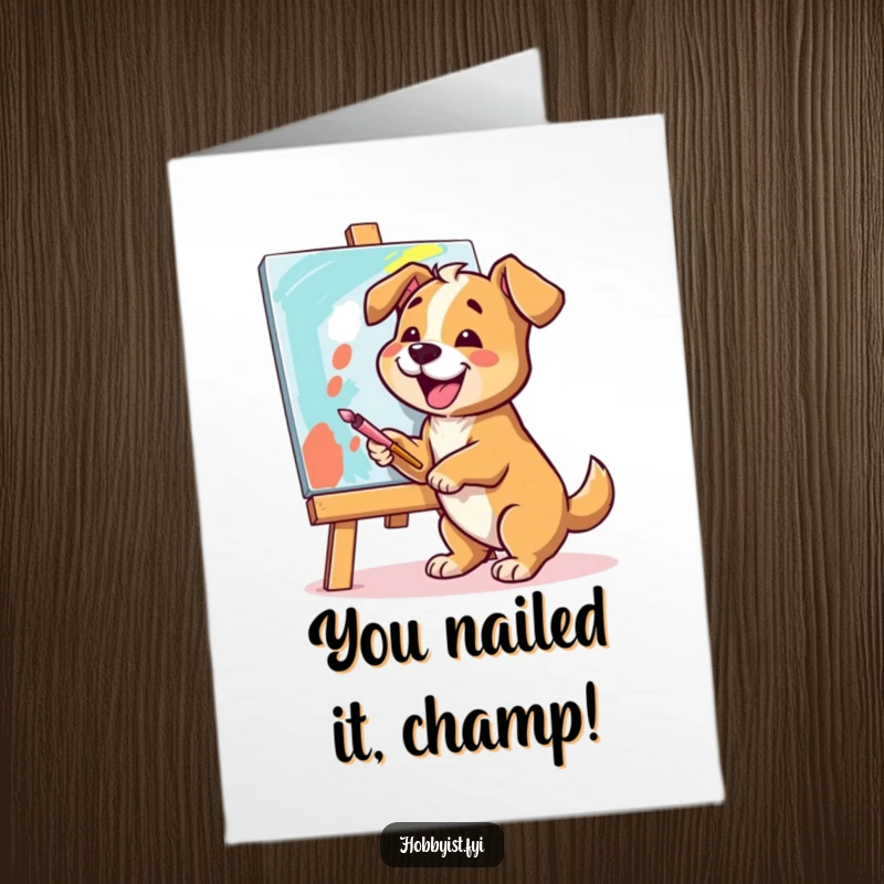 Funny Free Printable Congrats Card: A cheerful dog joyfully paints a vibrant canvas, celebrating success with artistic passion.
