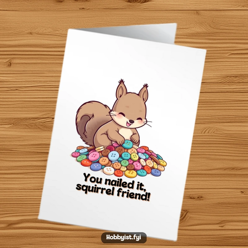 Funny Free Printable Congratulations Card: A busy squirrel meticulously sorting shiny buttons, a unique and humorous greeting.