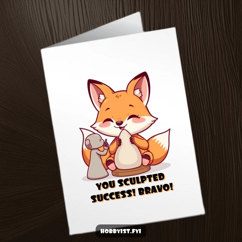 Funny Free Printable Congrats Card: Giddy fox skillfully sculpting a clay figure, cheering on a big success, perfect for downloads.