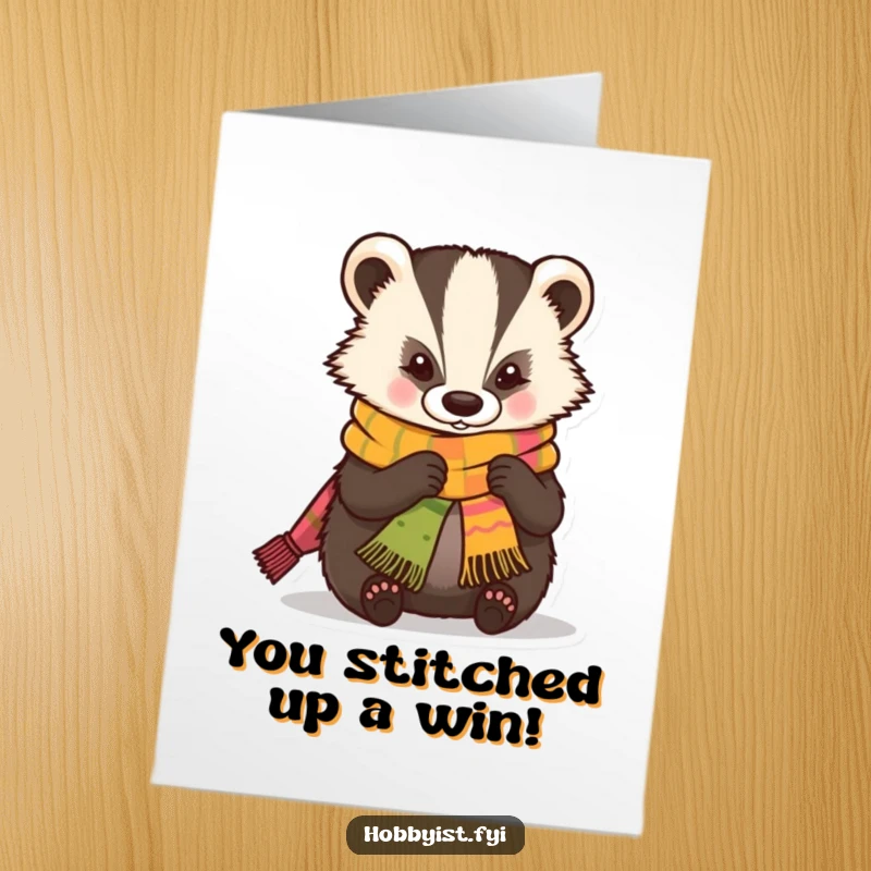 Funny Free Printable Congratulations Card: Skilled kawaii badger character proudly knitting a miniature, colorful scarf, symbolizing a job well done.