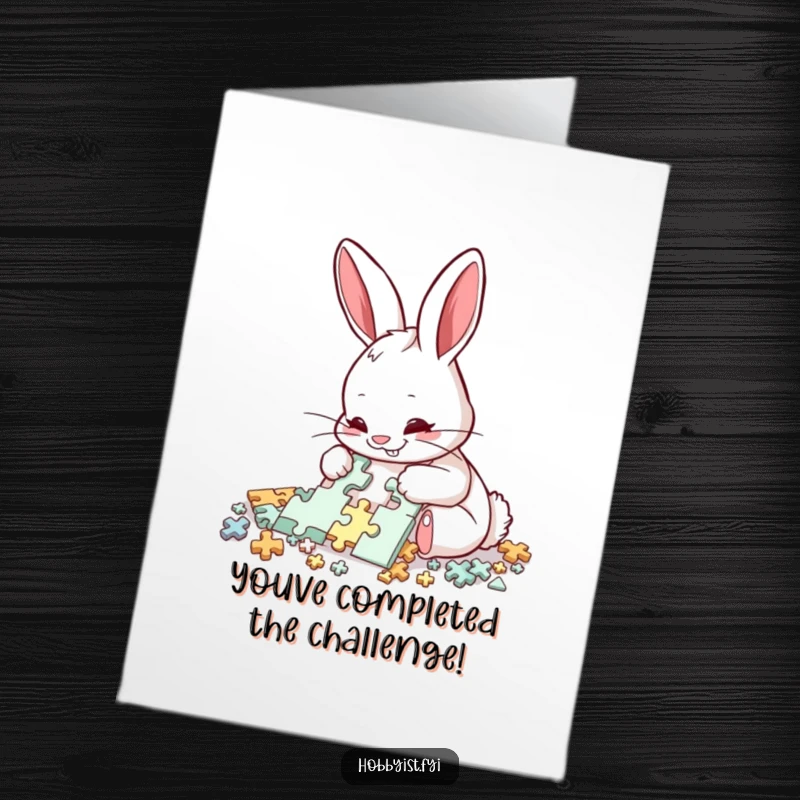 Funny Free Printable Congrats Card: A delighted rabbit meticulously assembles a complex puzzle, celebrating a solved challenge.
