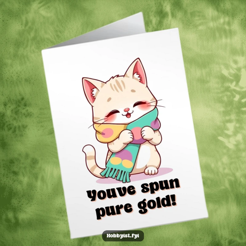 Free Printable Congratulations Card: Giggling cat focused on knitting a massive scarf, celebrating success with humor.