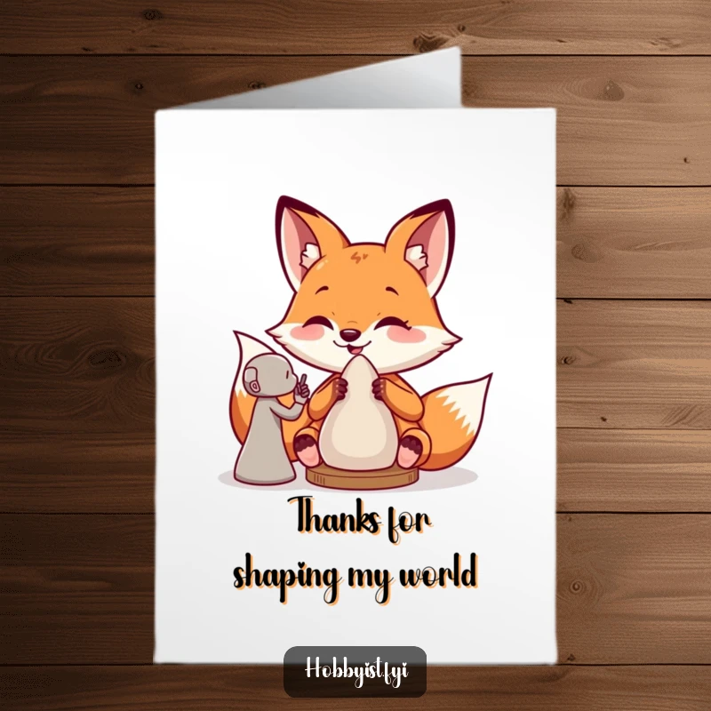Funny Free Printable Thank You Card: Giddy fox artistically sculpting a clay figure, conveying heartfelt thanks with humor.