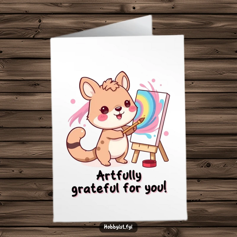 Funny Free Printable Thank You Card: A smiling animal character happily paints a dynamic, swirling, vibrant picture with creative energy.