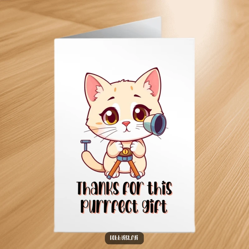 Funny Free Printable Thank You Card: A curious cat looks through a telescope with wide, amazed eyes, expressing thanks for something wonderful.