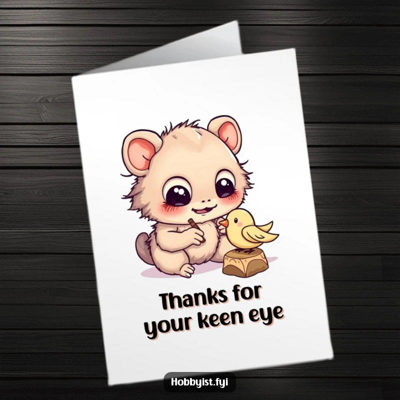Funny Free Printable Thank You Card of a creature diligently carving a tiny wooden bird, expressing thanks with careful detail.