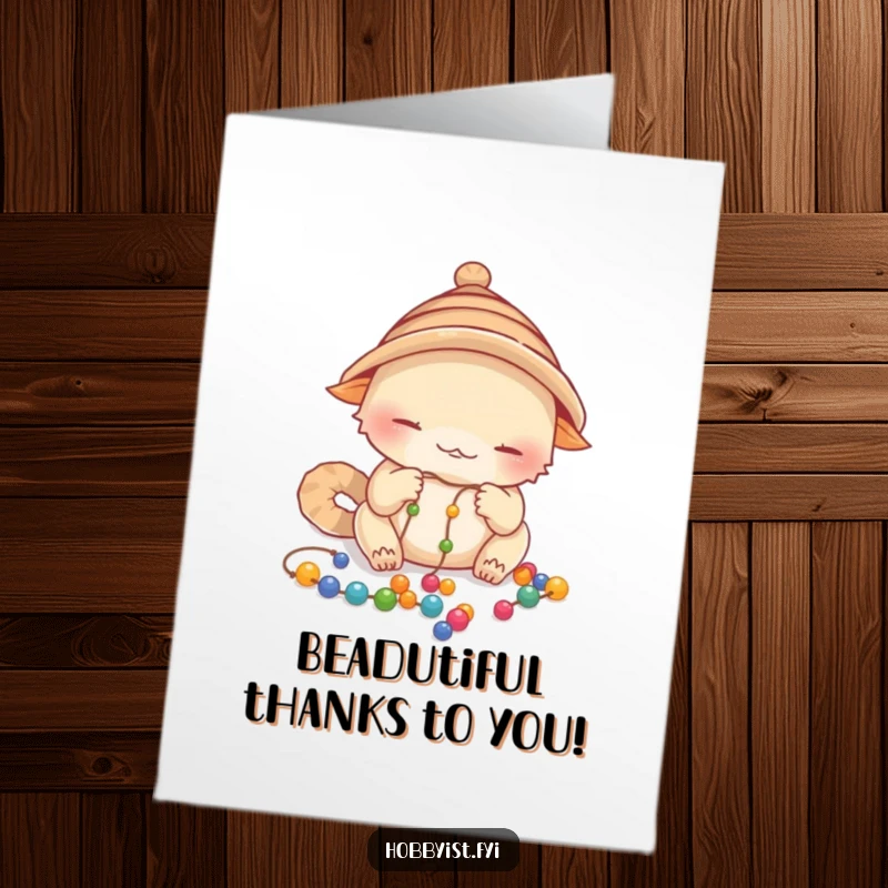Funny Free Printable Thank You Card: A creature in a hat carefully threading colorful beads.