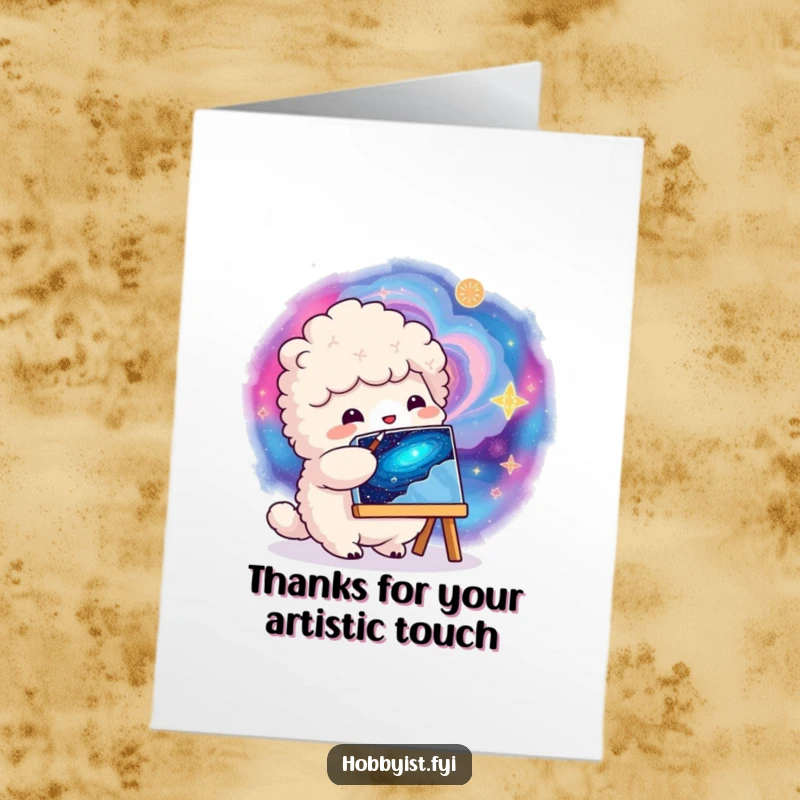 Funny Free Printable Thank You Card of a fluffy creature painting a galaxy, expressing thanks with artistic cosmic flair.