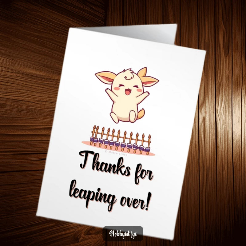 Funny Free Printable Thank You Card: An energetic creature with big ears mid-leap over miniature knitting needles.