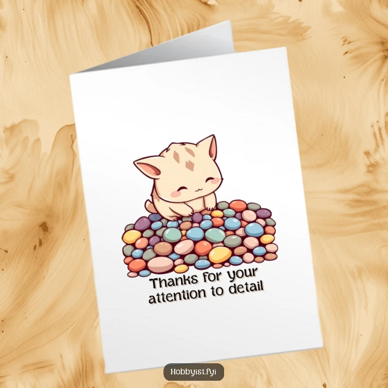 Funny Free Printable Thank You Card of a creature meticulously arranging colorful pebbles into a pattern, expressing thanks with care.