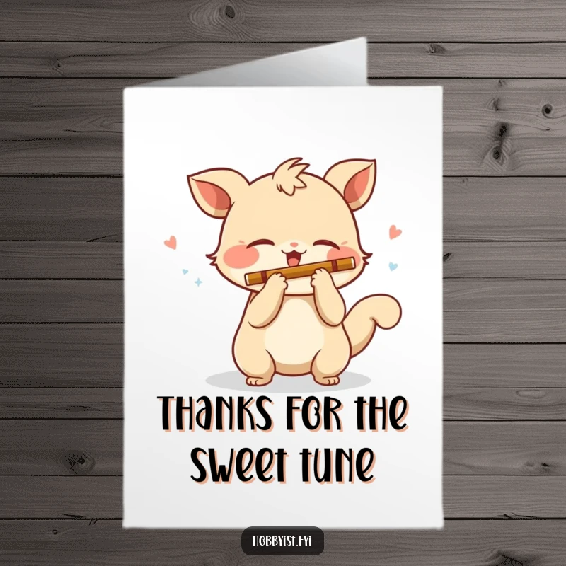 Funny Free Printable Thank You Card: A creature with a wagging tail plays a happy, lighthearted tune on a miniature flute, expressing thanks.
