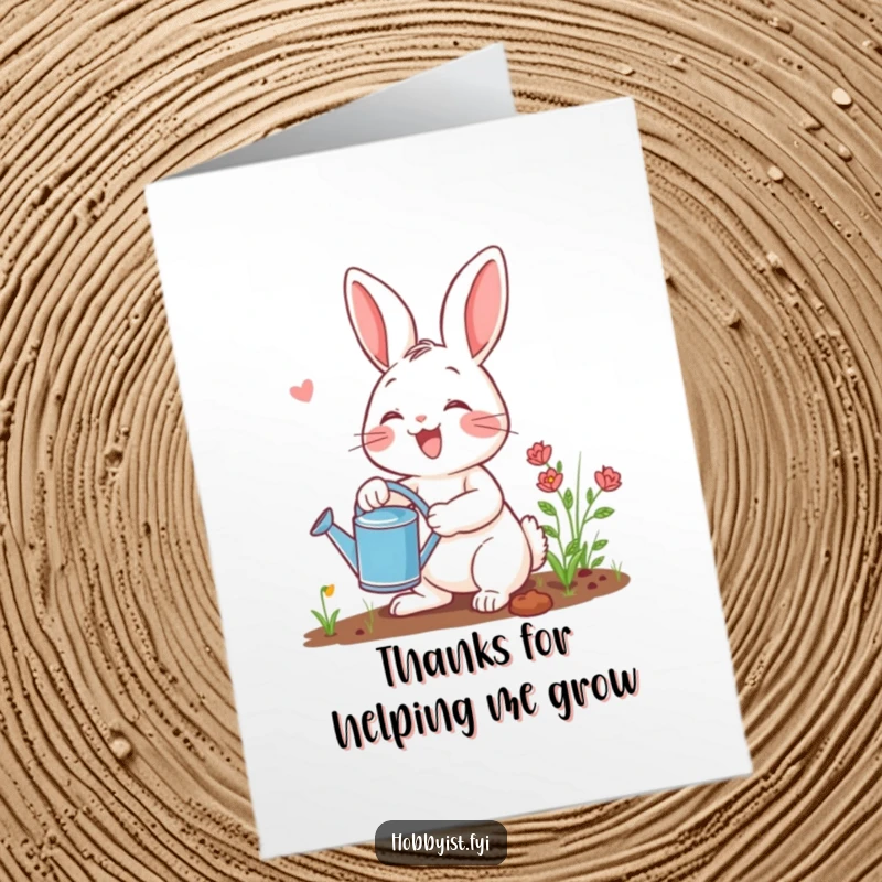 Funny Free Printable Thank You Card featuring a happy rabbit tending to a beautiful plant, expressing thanks with a watering can.